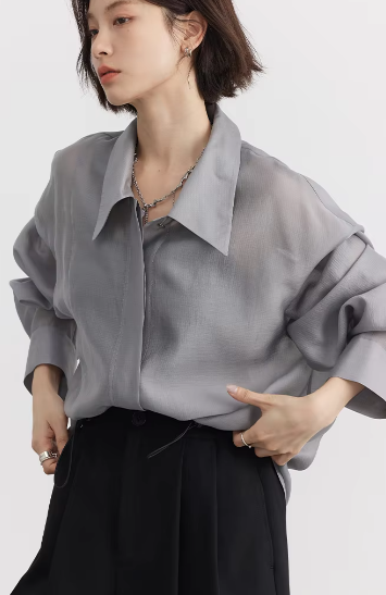 Casual Thin Long Sleeve Slightly Solid Design Loose Shirt Mssza