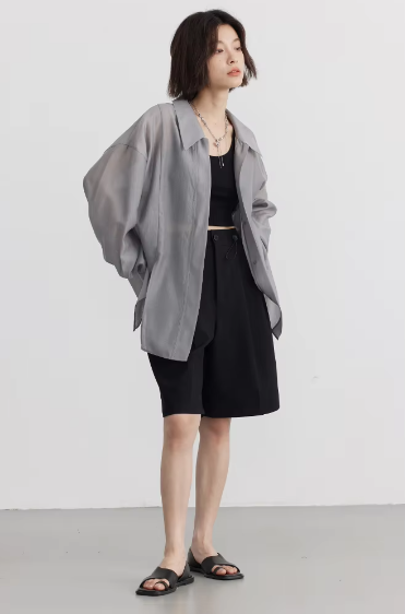 Casual Thin Long Sleeve Slightly Solid Design Loose Shirt Mssza