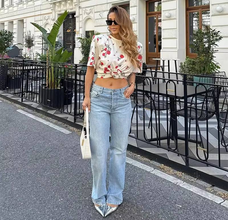 Casual Three-Dimensional Decoration Flower Print O-neck Short Sleeve T-shirt Mssza