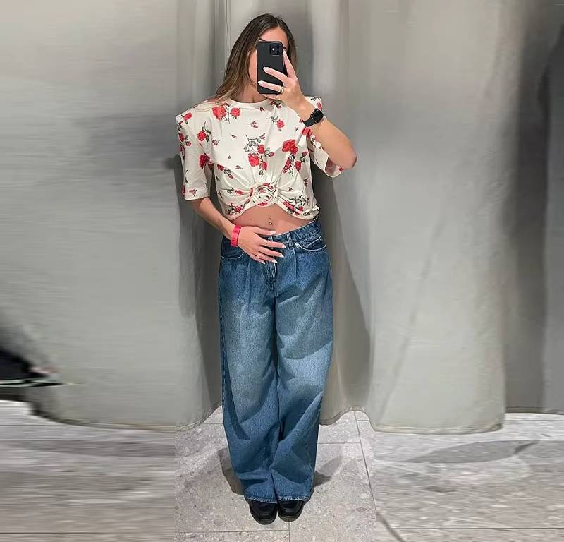 Casual Three-Dimensional Decoration Flower Print O-neck Short Sleeve T-shirt Mssza