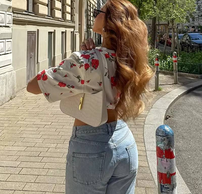 Casual Three-Dimensional Decoration Flower Print O-neck Short Sleeve T-shirt Mssza