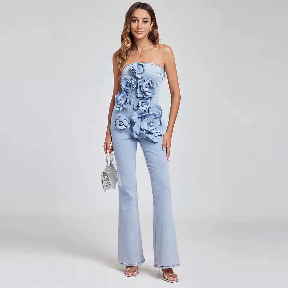 Casual Three-Dimensional Flower Strapless Slightly Flared Jumpsuit Mssza