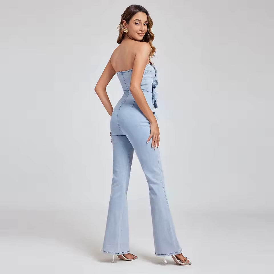 Casual Three-Dimensional Flower Strapless Slightly Flared Jumpsuit Mssza