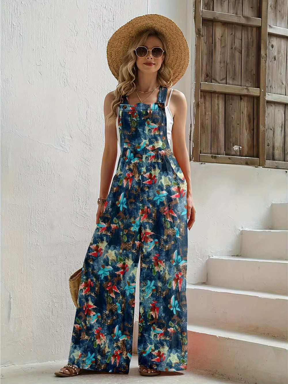 Casual Tie-Dye Flower Print Wide Leg Suspenders Long Romper Mssza