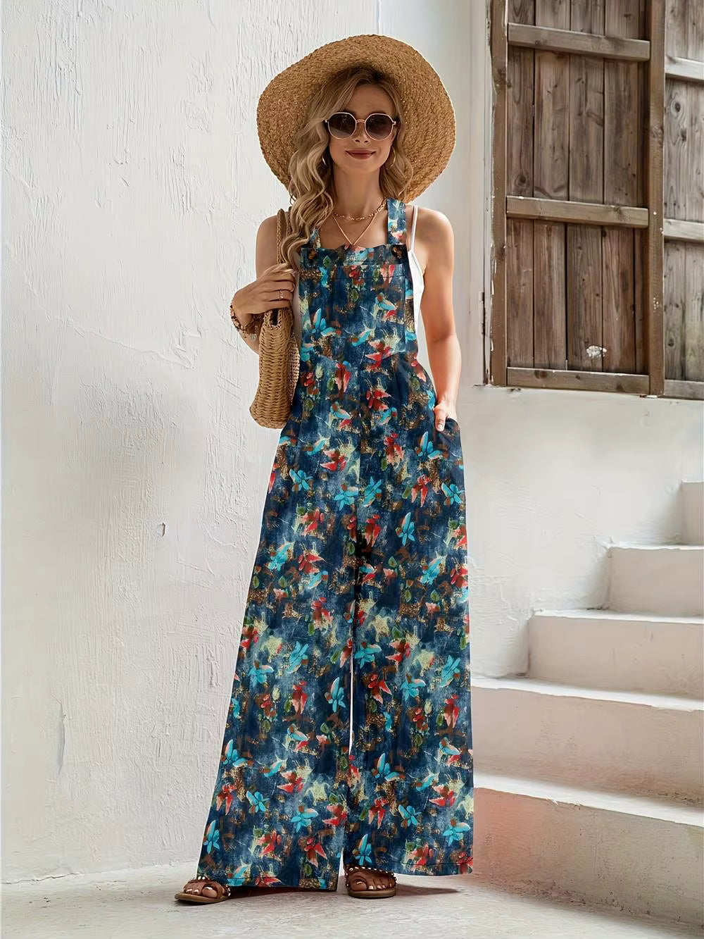 Casual Tie-Dye Flower Print Wide Leg Suspenders Long Romper Mssza