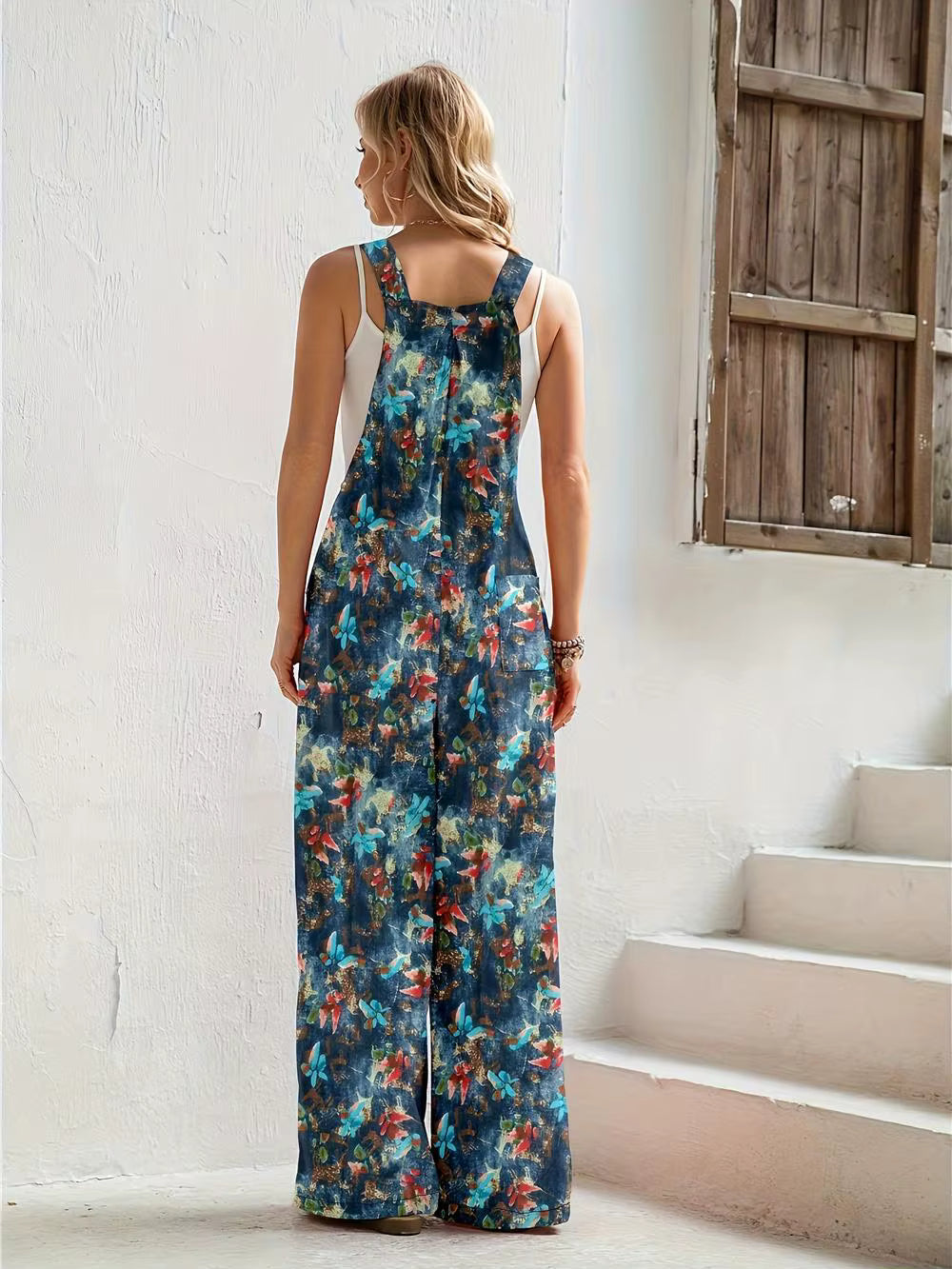 Casual Tie-Dye Flower Print Wide Leg Suspenders Long Romper Mssza