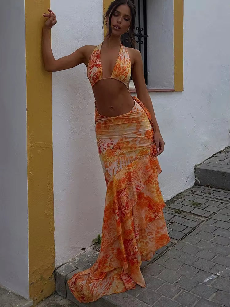 Casual Tie-Dye Print Bandag Halter Bra And Ruched Ruffles Long Skirts 2 Piece Set Mssza