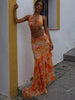 Casual Tie-Dye Print Bandag Halter Bra And Ruched Ruffles Long Skirts 2 Piece Set Mssza