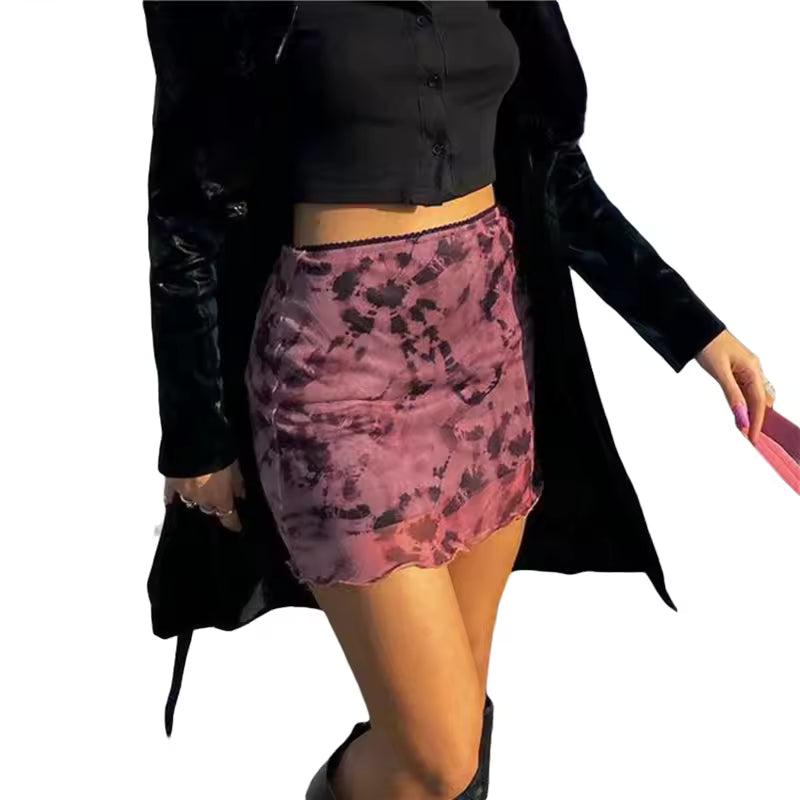 Casual Tie-dye Print High Waist Mesh Slight Stretch Bodycon Mini Skirt Mssza