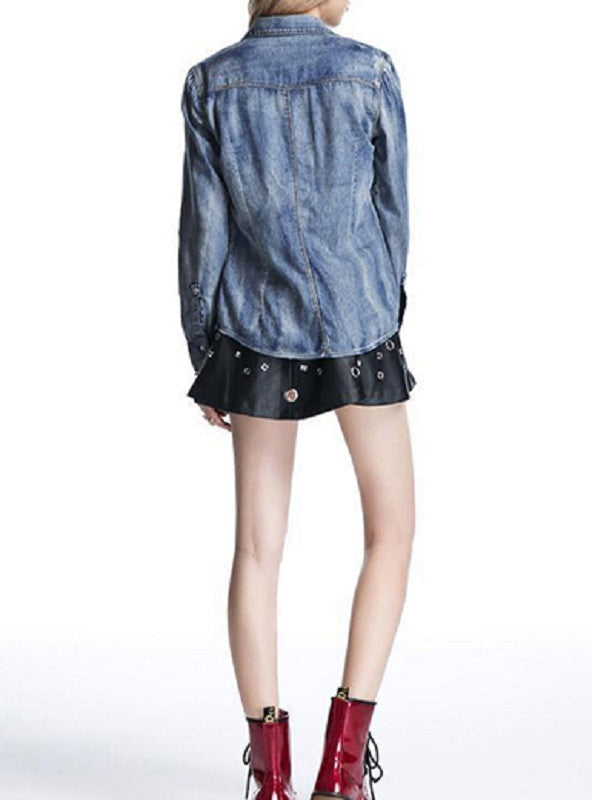 Casual Tiger Eagle Badge Turn Down Collar Chambray Shirt Mssza