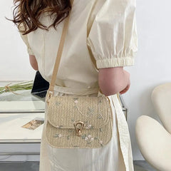 Casual Trendy Lace Embroidery Cute Straw Flower Woven Saddle Shoulder Crossbody Bag Mssza