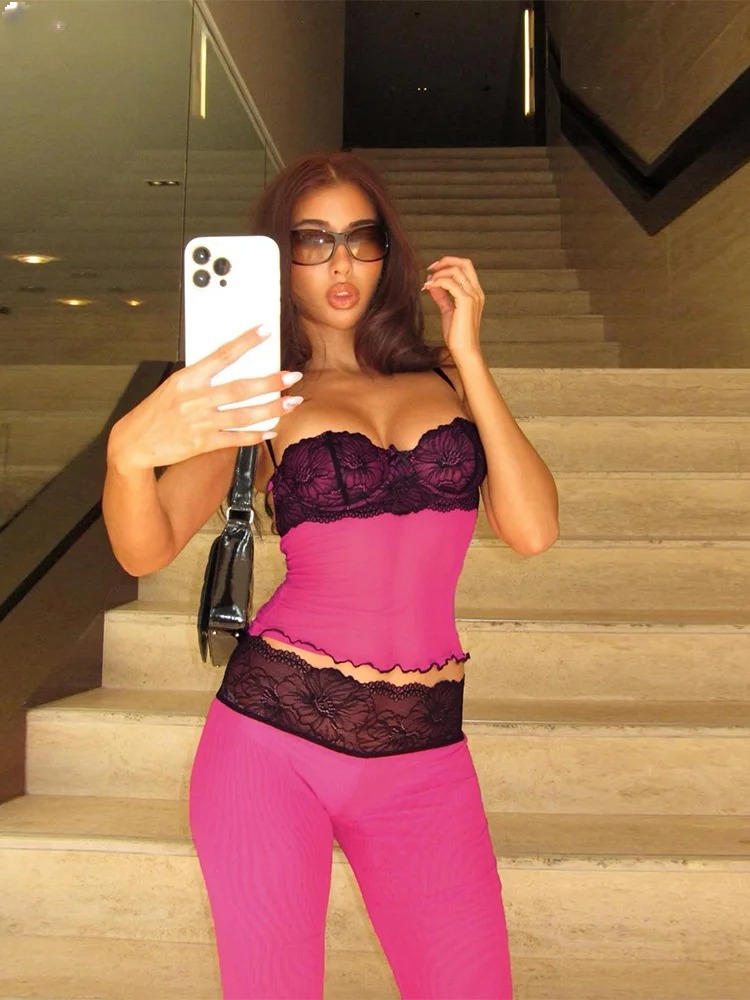 Casual Trim Spaghetti-Strap Patchwork Lace Skinny 2 Piece Sets Outfits Mssza