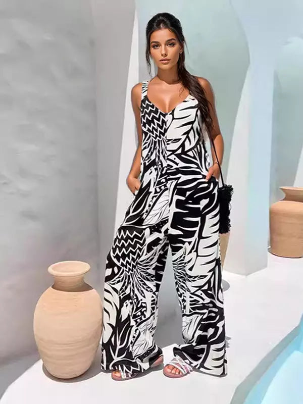 Casual Tropical Printed Sleeveless Wide Leg Jumpsuit Mssza