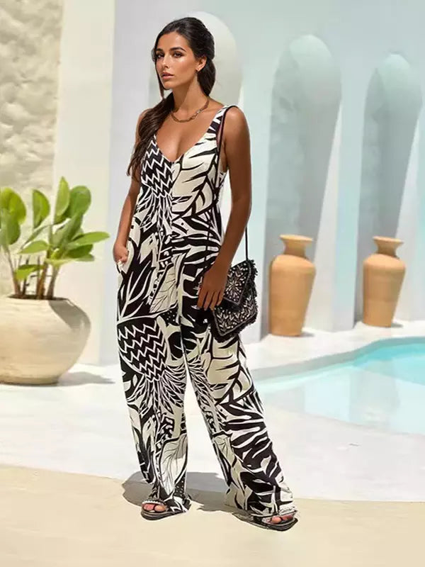 Casual Tropical Printed Sleeveless Wide Leg Jumpsuit Mssza