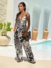 Casual Tropical Printed Sleeveless Wide Leg Jumpsuit Mssza