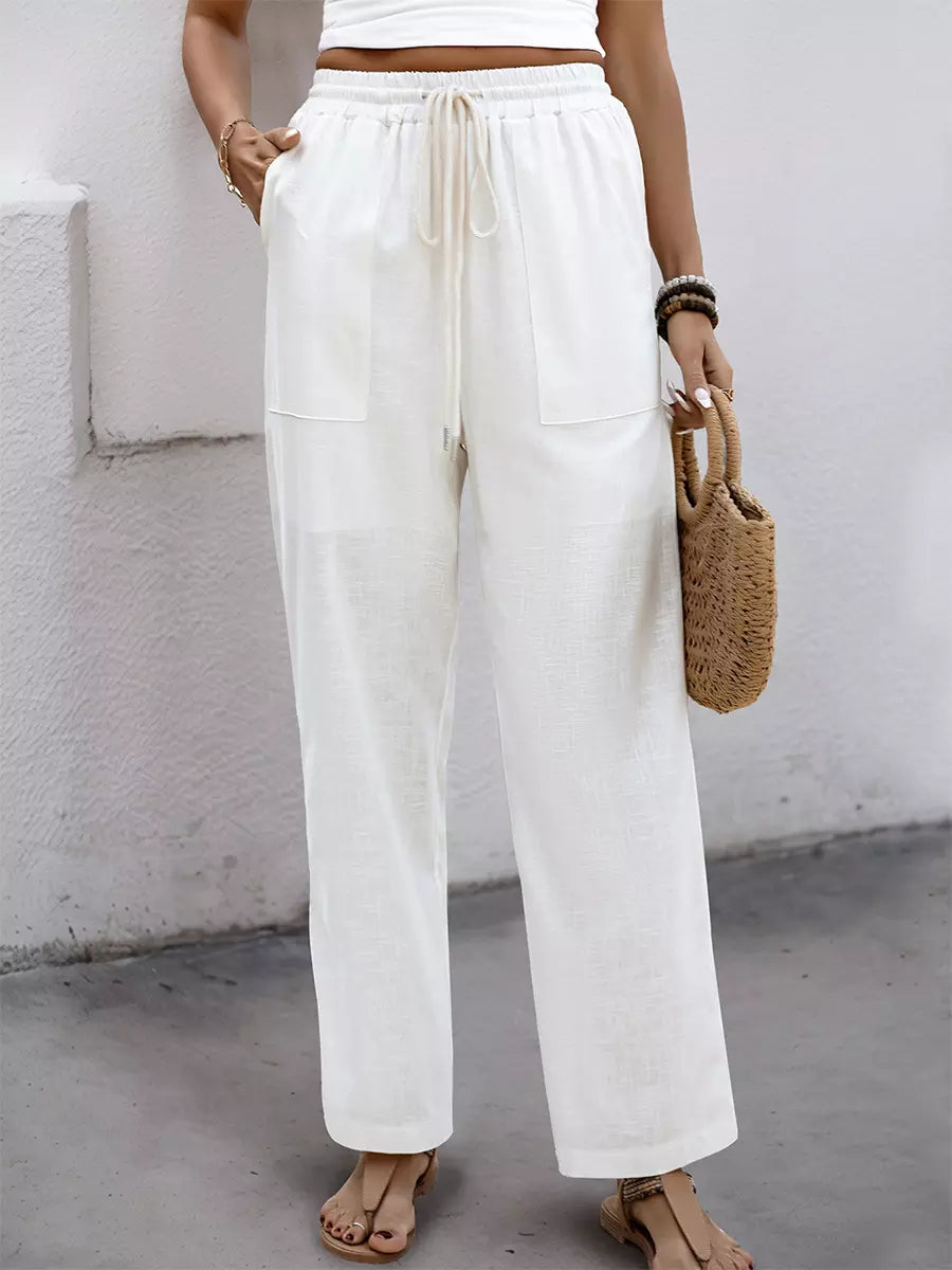 Casual Trousers With Drawstring Cotton Blend Waist Pants Mssza