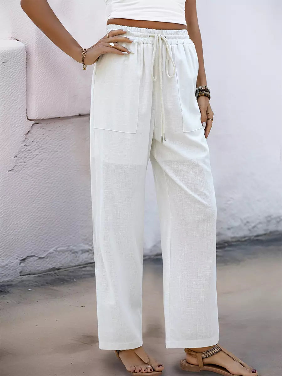 Casual Trousers With Drawstring Cotton Blend Waist Pants Mssza