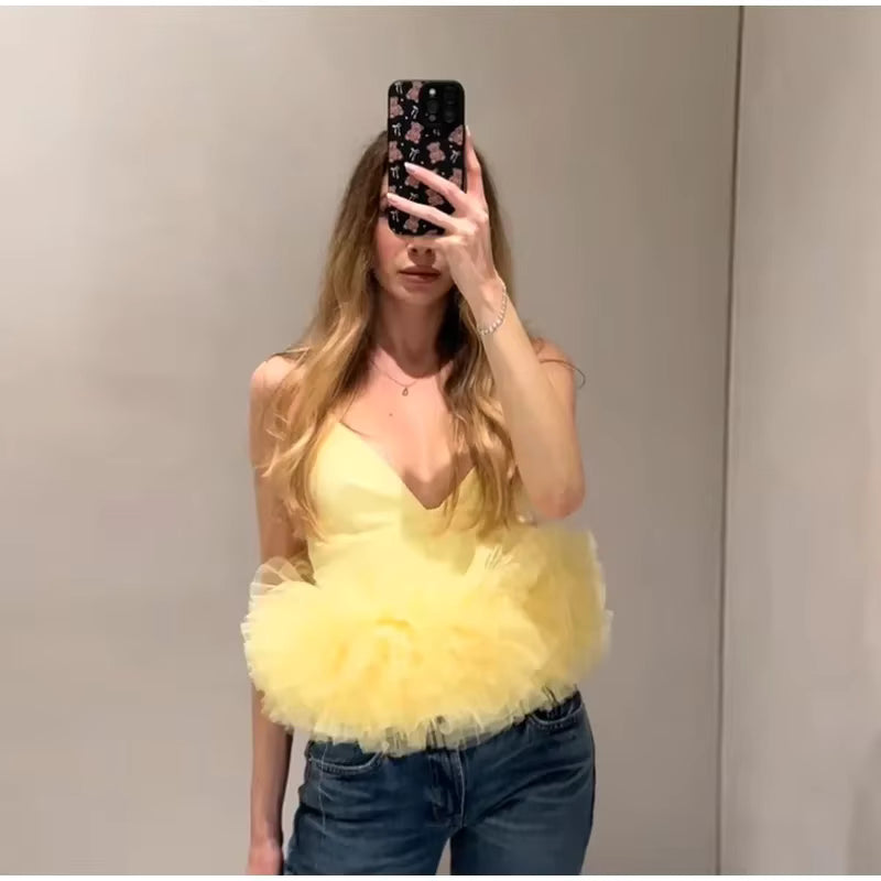 Casual Tulle Ruffles Spliced Sling Vest Slim V-neck Backless Sleeveless Crop Top Mssza