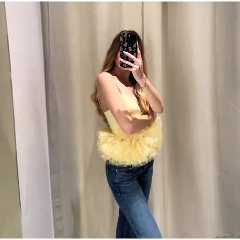 Casual Tulle Ruffles Spliced Sling Vest Slim V-neck Backless Sleeveless Crop Top Mssza