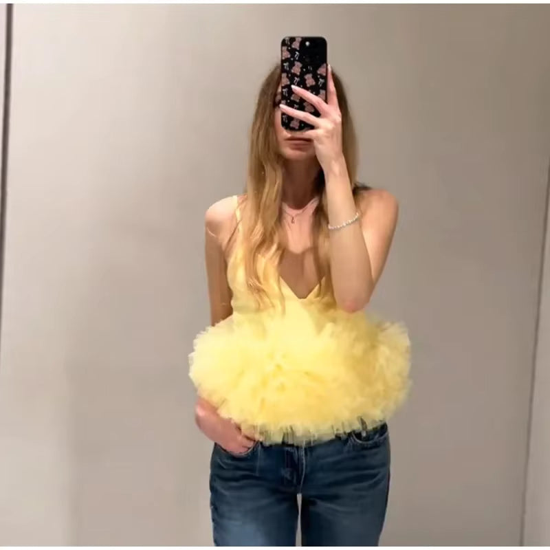 Casual Tulle Ruffles Spliced Sling Vest Slim V-neck Backless Sleeveless Crop Top Mssza