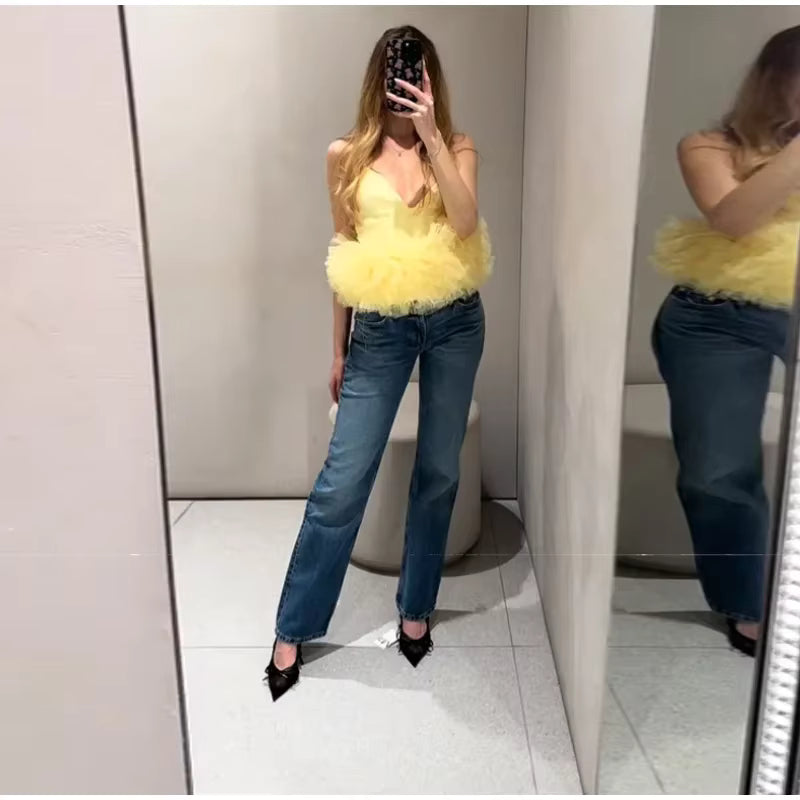 Casual Tulle Ruffles Spliced Sling Vest Slim V-neck Backless Sleeveless Crop Top Mssza