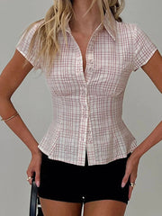 Casual Turn-Down Collar Button Down Standard Plaid Button Down Shirt Mssza