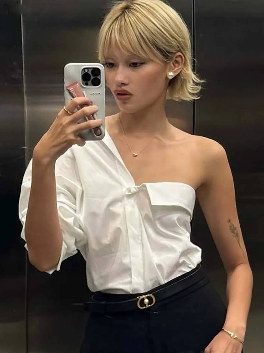Casual Turn-Down Collar Half Sleeve One-Shoulder Blouses Single Breasted Shirts Mssza