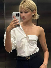 Casual Turn-Down Collar Half Sleeve One-Shoulder Blouses Single Breasted Shirts Mssza
