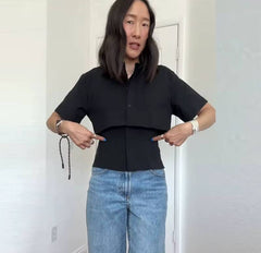 Casual Turn-Down Collar Patchwork Single Breasted Short Sleeve Shirt Mssza
