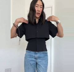 Casual Turn-Down Collar Patchwork Single Breasted Short Sleeve Shirt Mssza