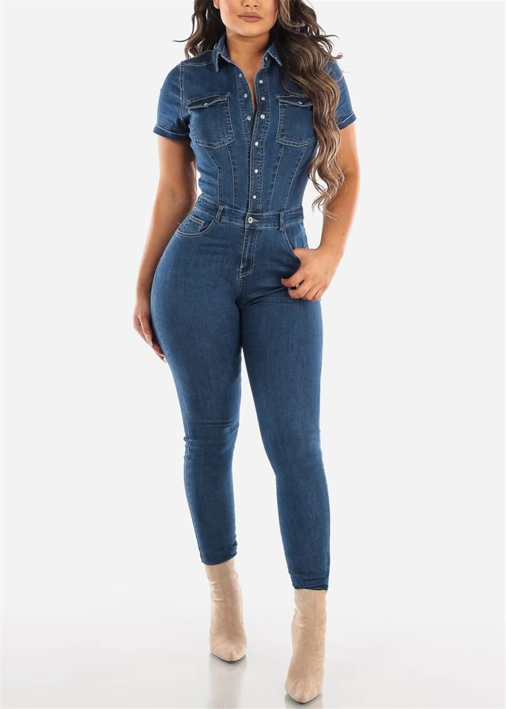 Casual Turn Down Collar Short Sleeve Skinny Denim Jeans Stretch Overalls Rompers Jumpsuit Mssza