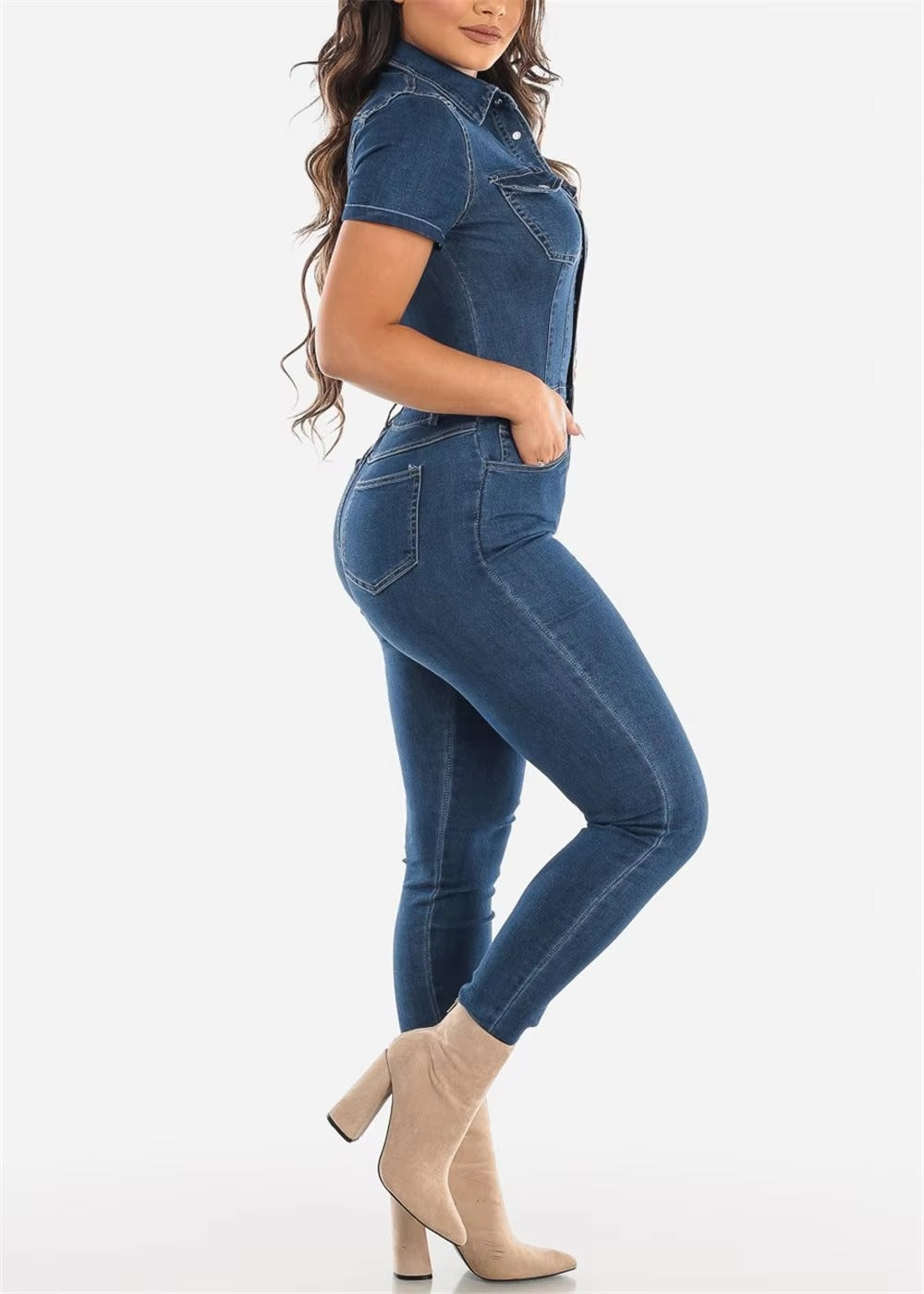 Casual Turn Down Collar Short Sleeve Skinny Denim Jeans Stretch Overalls Rompers Jumpsuit Mssza