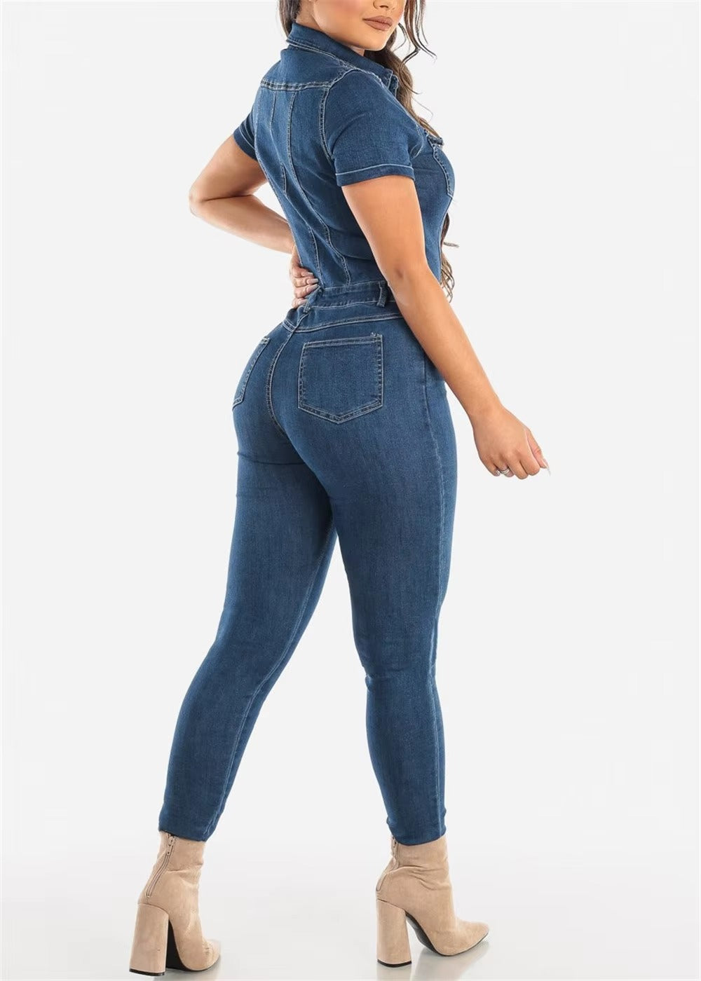 Casual Turn Down Collar Short Sleeve Skinny Denim Jeans Stretch Overalls Rompers Jumpsuit Mssza