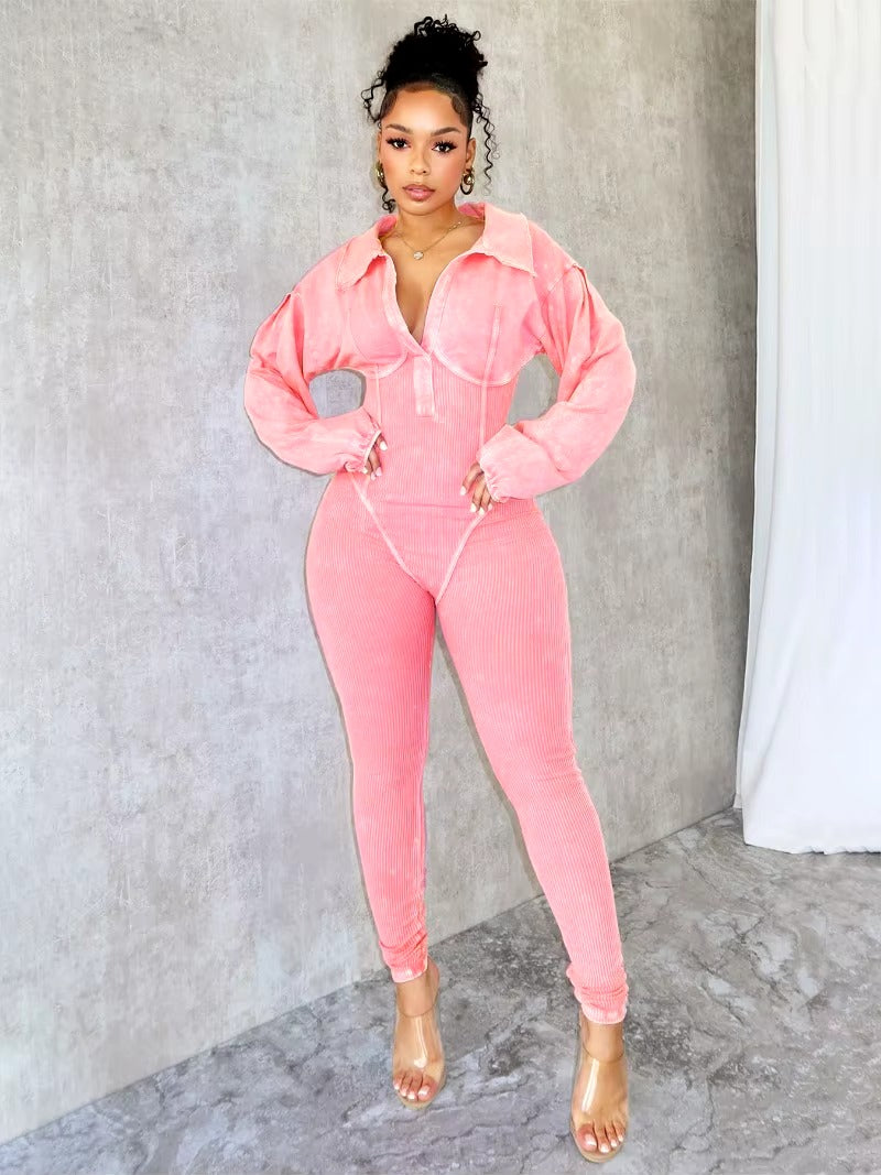 Casual Turn Down Collar V-neck Long Sleeve Skinny Solid Cotton Ribbed Jumpsuit Mssza