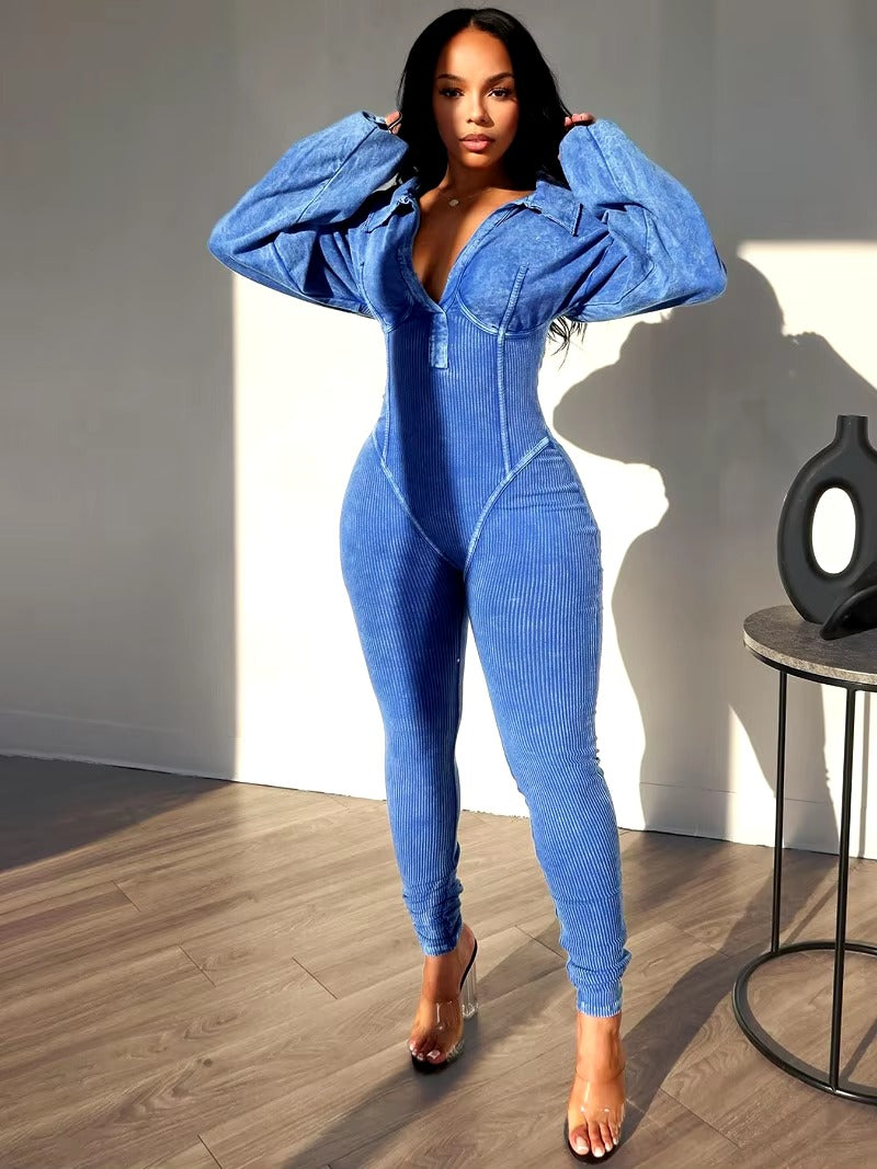 Casual Turn Down Collar V-neck Long Sleeve Skinny Solid Cotton Ribbed Jumpsuit Mssza