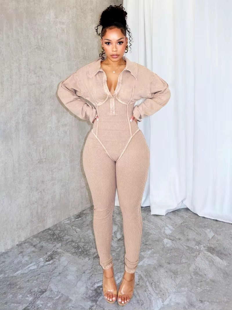 Casual Turn Down Collar V-neck Long Sleeve Skinny Solid Cotton Ribbed Jumpsuit Mssza