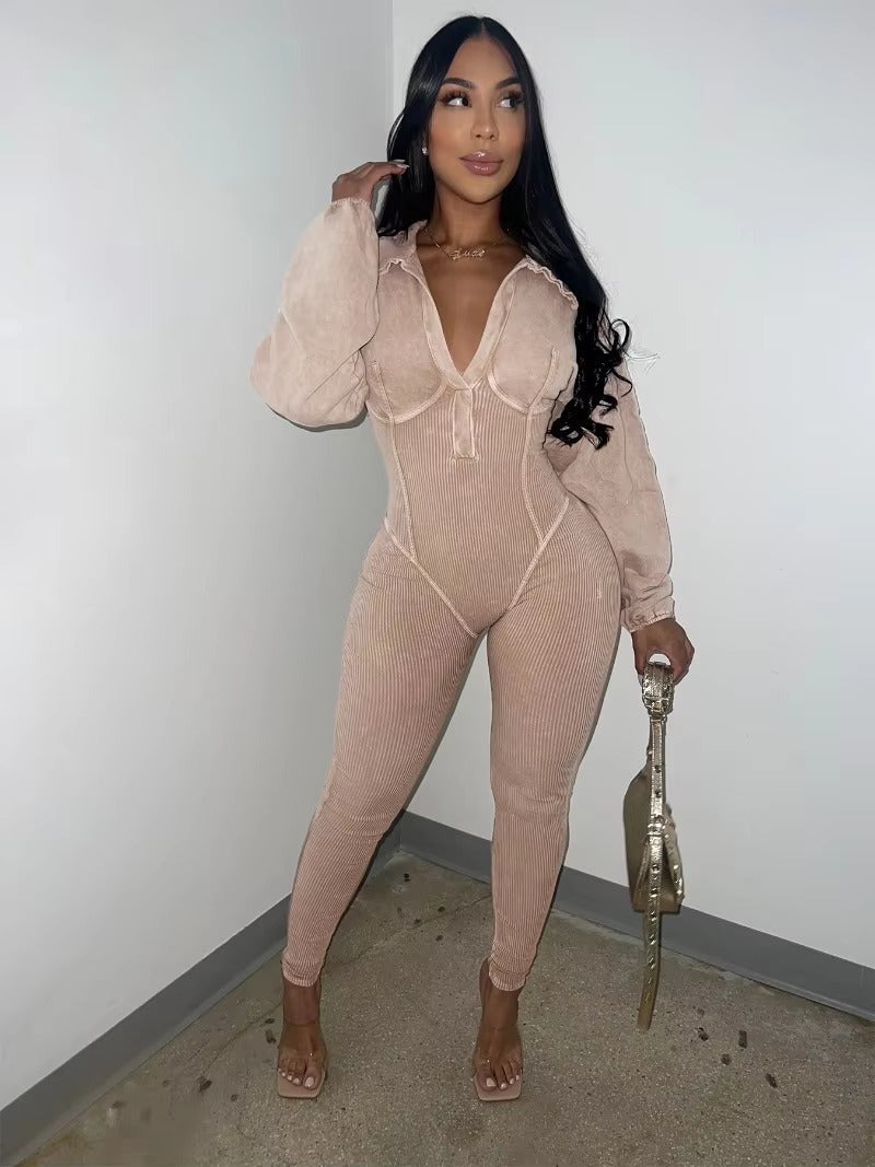 Casual Turn Down Collar V-neck Long Sleeve Skinny Solid Cotton Ribbed Jumpsuit Mssza