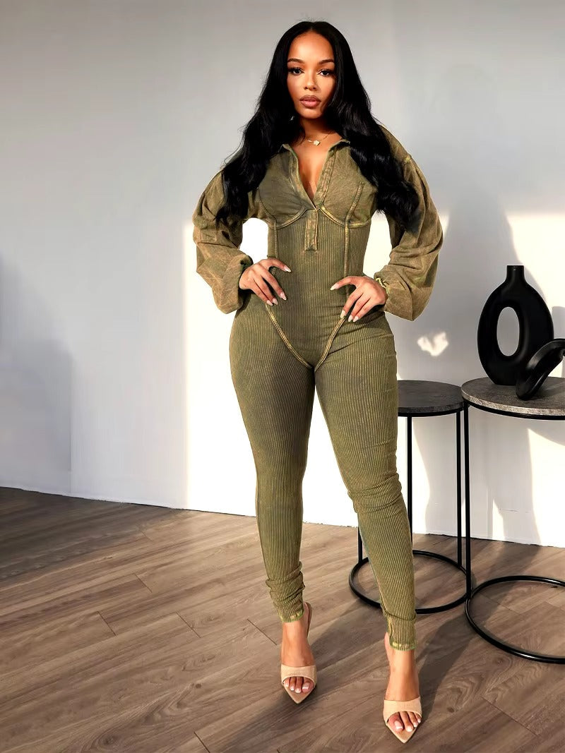 Casual Turn Down Collar V-neck Long Sleeve Skinny Solid Cotton Ribbed Jumpsuit Mssza