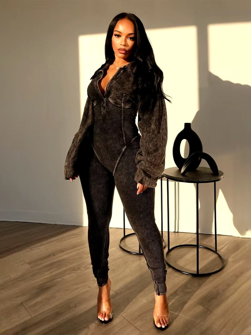 Casual Turn Down Collar V-neck Long Sleeve Skinny Solid Cotton Ribbed Jumpsuit Mssza