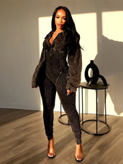 Casual Turn Down Collar V-neck Long Sleeve Skinny Solid Cotton Ribbed Jumpsuit Mssza