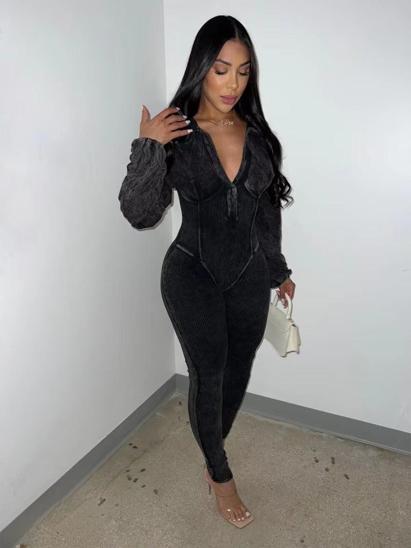 Casual Turn Down Collar V-neck Long Sleeve Skinny Solid Cotton Ribbed Jumpsuit Mssza