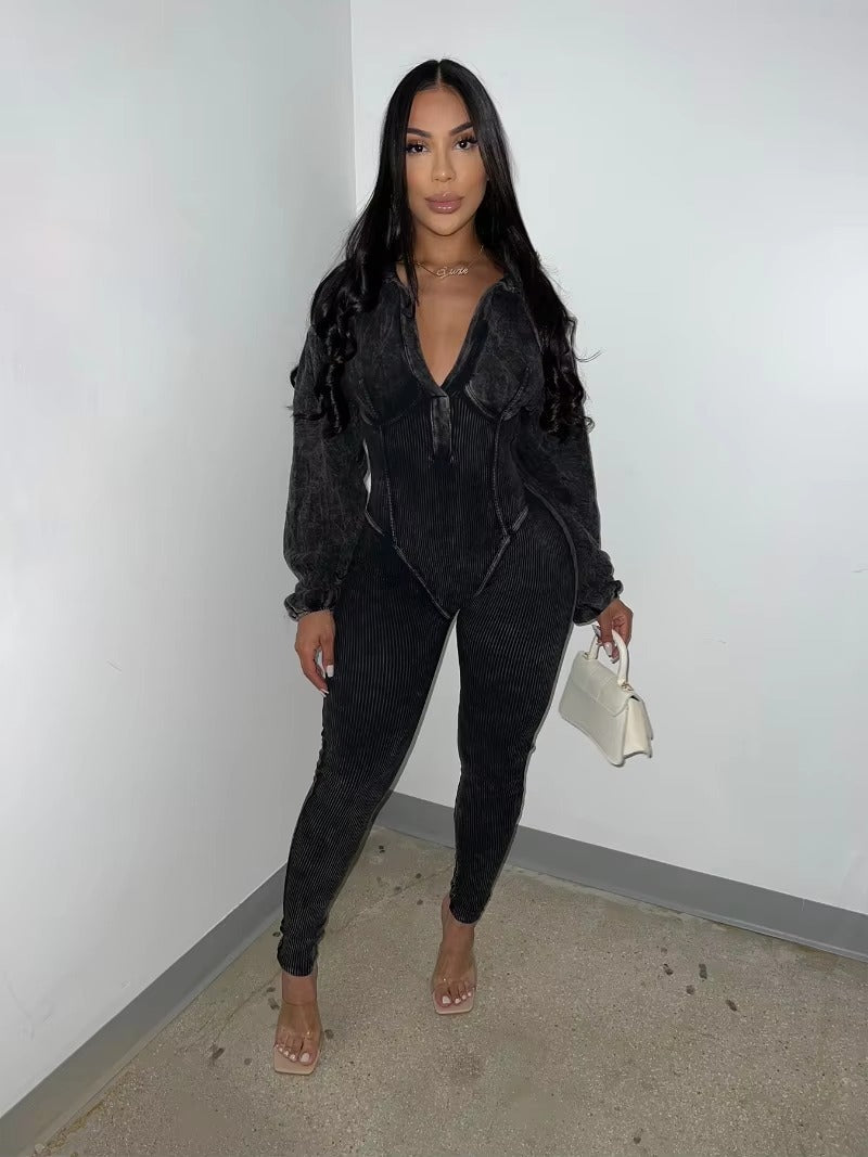 Casual Turn Down Collar V-neck Long Sleeve Skinny Solid Cotton Ribbed Jumpsuit Mssza