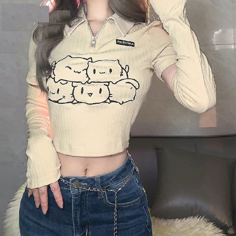 Casual Turn-down Collar Cartoon Print Long-Sleeved Short Top Mssza