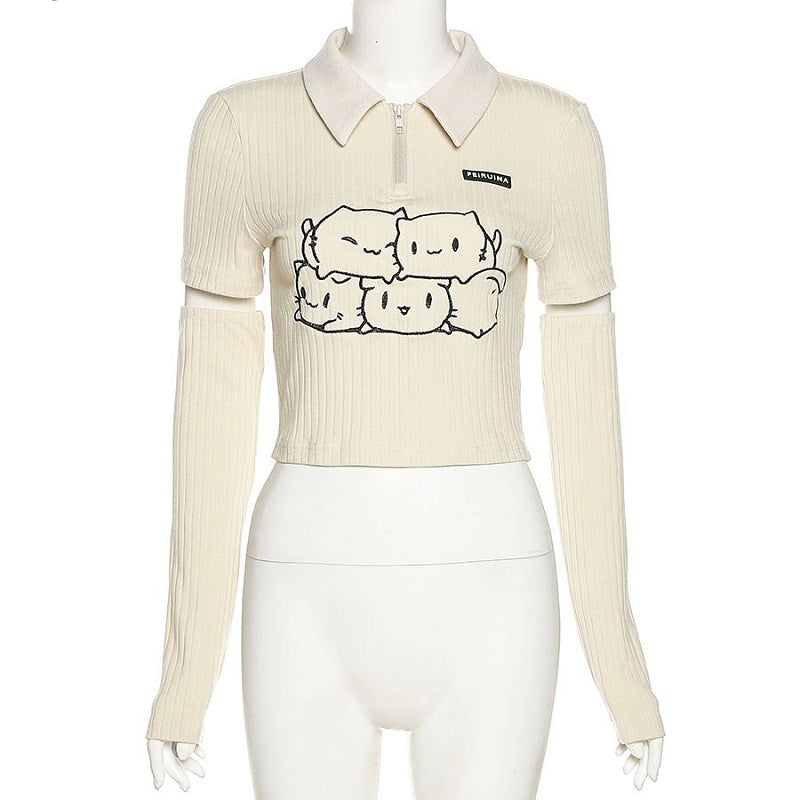 Casual Turn-down Collar Cartoon Print Long-Sleeved Short Top Mssza