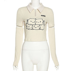 Casual Turn-down Collar Cartoon Print Long-Sleeved Short Top Mssza