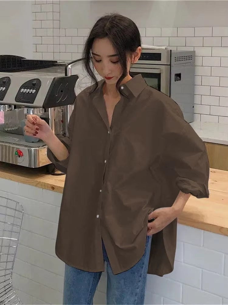 Casual Turn-down Collar Cotton Long Sleeve Loose Oversized Shirt Mssza