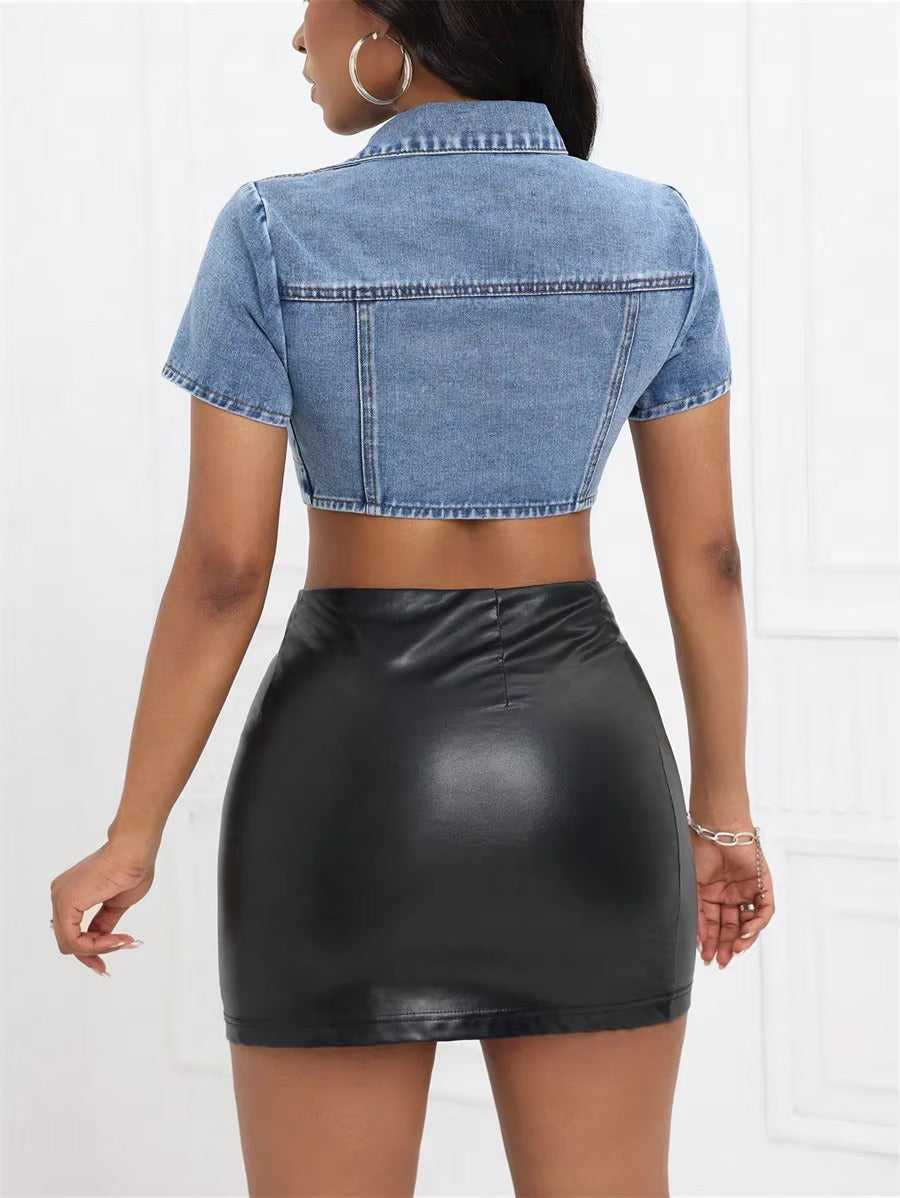 Casual Turn-down Collar Denim One Button Short Sleeve Club Party Jean Shirt Blouses Mssza