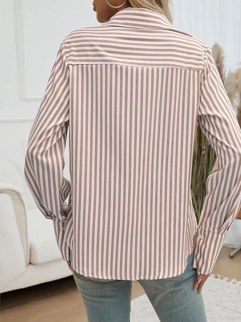 Casual Turn-down Collar Long-Sleeve Lapel Button Striped Shirt Mssza