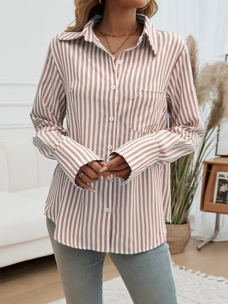 Casual Turn-down Collar Long-Sleeve Lapel Button Striped Shirt Mssza