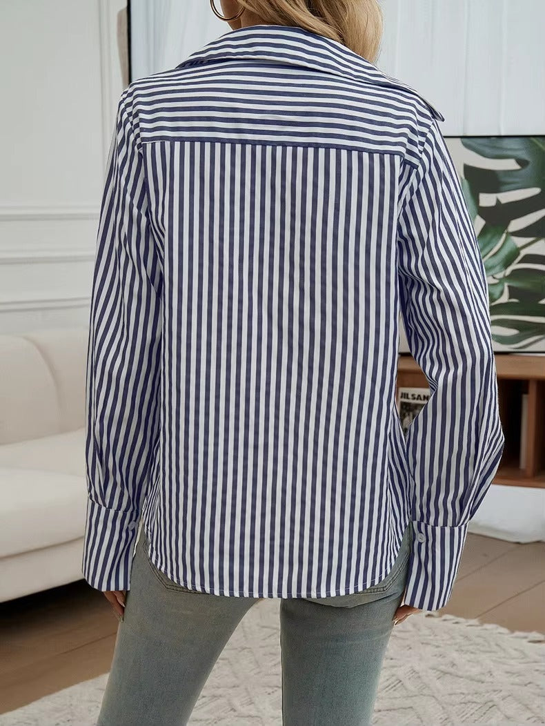 Casual Turn-down Collar Long-Sleeve Lapel Button Striped Shirt Mssza